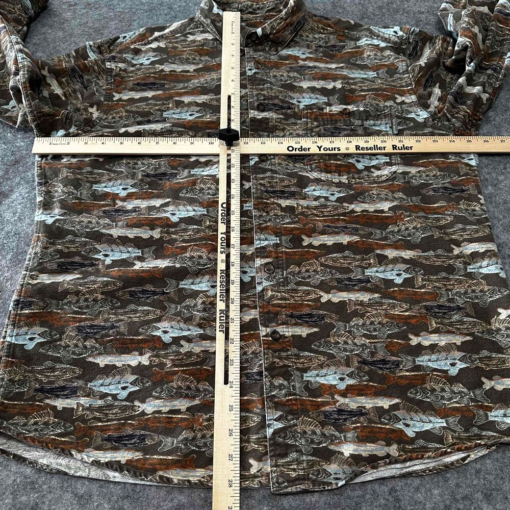 Woolrich Flannel Shirt Mens Large Multicolor Olive Woodblock Fish Outdoors - Picture 4 of 12